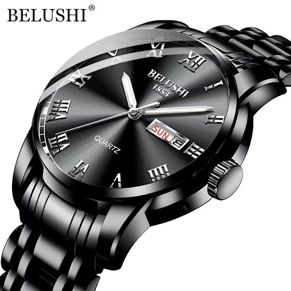 BELUSHI Herrmode Business Quartz Klockor Topp Lyx Märke Helt Stål Vattentät Analog Armbandsur Herr Kalenderklocka Black
