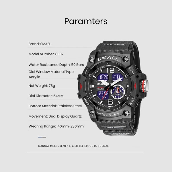 SMAEL Watch Herr Alarm Kronograf Klocka Stoppur LED Date-Day Dubbel Tidszon Vattentät 5Bar Military Herrklockor 8007 Fluorescent Green