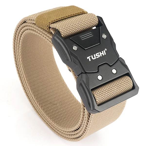 FARAMIGO 2022 Nytt taktiskt bälte metallspänne Quick Release Elastiskt bälte Casual Tooling Träningsbälte Herrbyxor Bälte YD124 Khaki 125cm