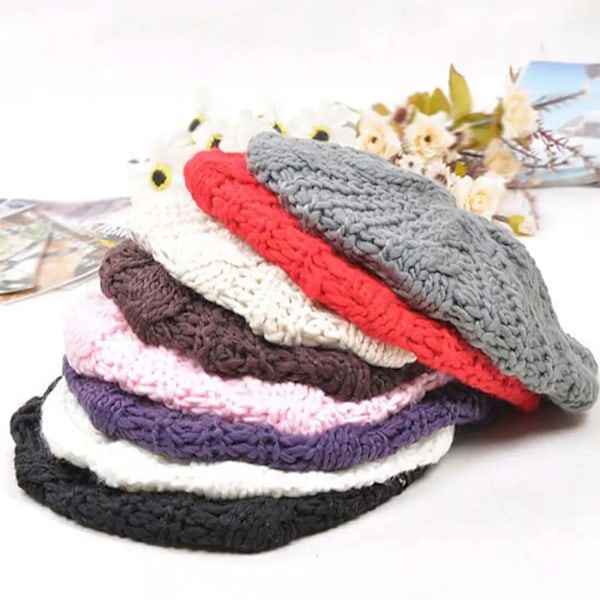 Dam Beret Stickad Lös Stickad Virkad Mössa Skidmössa Vinter Varm Mössa Dark Grey