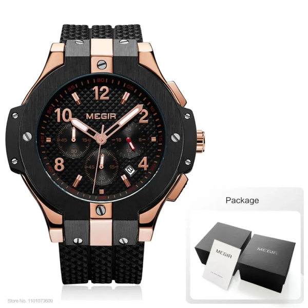 MEGIR Analog Quartz Watch for Herr Mode Chronograph Armbandsur med silikonrem Ljusande händer Automatisk datum 24-timmarsvisning Rose gold-Box