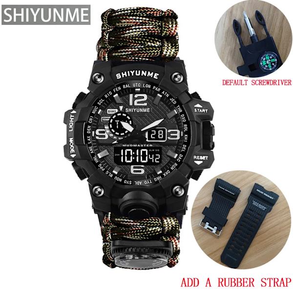 Utomhus Survival Watch Multifunktionell Vattentät Militär Taktisk Paracord Watch Armband Camping Vandring Nödutrustning Khaki with strap