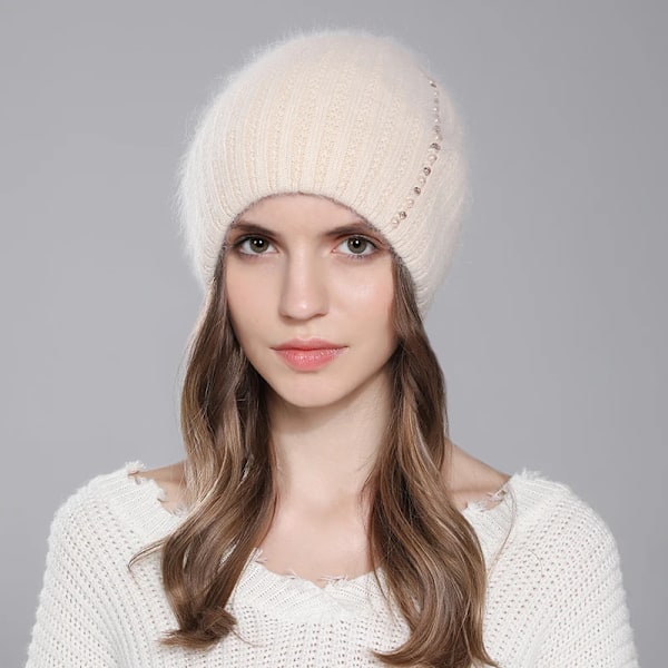 Cntang Angorahatt för kvinnor, vinter, stickad, varm, mössa, mode, lyxig designerhatt för kvinnor med pärldiamant Beige