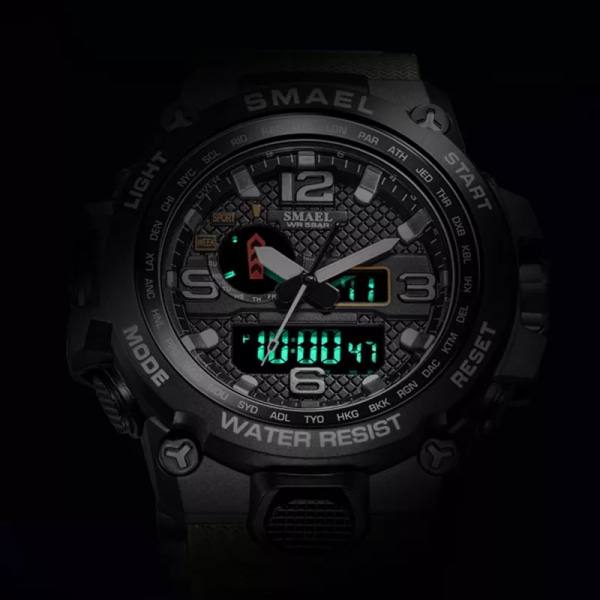 SMAEL klockor för män 50M vattentät klocka Alarm reloj hombre 1545D Dual Display Armbandsur Quartz Military Watch Sport Ny Herr CAMOKHAKI