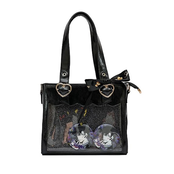 HAEX Kawaii Ita-väskor Dammode japansk stil Harajuku Lolita Ribbon Crossbody-axelväskor PU Small Heart Bolso Mujer Black 24x20x11cm