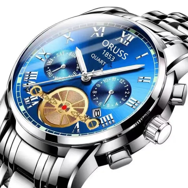 Automatisk rörelse Lysande Sport Vattentät Watch rund Pointer Glas Calendar Business Watch Herr gold strap blue
