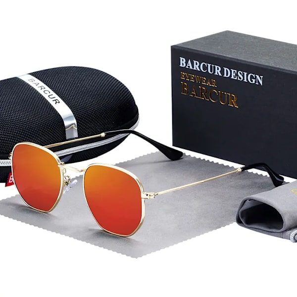 BARCUR Klassiska Retro Reflex Solglasögon Man Hexagon Solglasögon Metallram Glasögon Solglasögon Med Box Oculos De Sol gafas Orange Red BARCUR