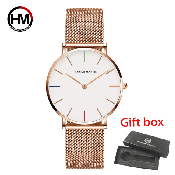 Hannah Martin Japan Quartz Movement Hög kvalitet kvinnor i rostfritt stål Mesh Rose Gold Vattentät Watch CB36 HM-CB36-3