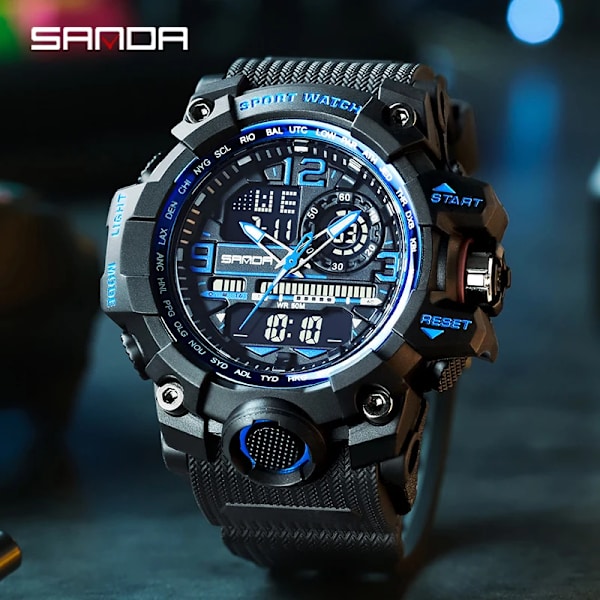 SANDA Mode Herrklockor LED Sport Vattentäta Klockor Herr Topp Lyxmärke Digital Man Quartz Watch Relogio Masculino 3132 black red