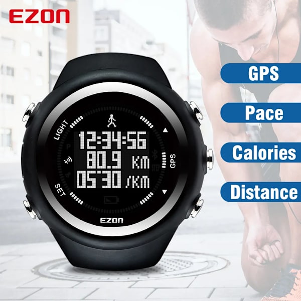EZON GPS löparsportarmbandsur med tempo, hastighet, distans, gps-tidstjänst, professionell sportdatafunktion T031 Black