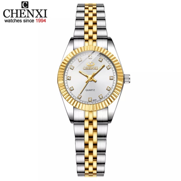 CHENXI Luxury Style Watch i rostfritt stål Kvartsklockor Vattentät Diamant Kvinna Armbandsur Mode Elegant Damklocka 004A Calendar White