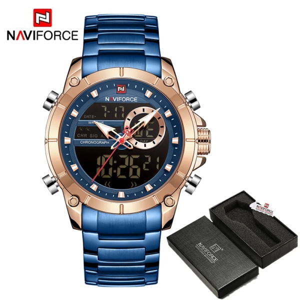 NAVIFORCE Luxury Original Watch för män Kvartsstål Vattentät Dual Display Modeklockor Relogio Masculino 9163 RGBEBE BOX