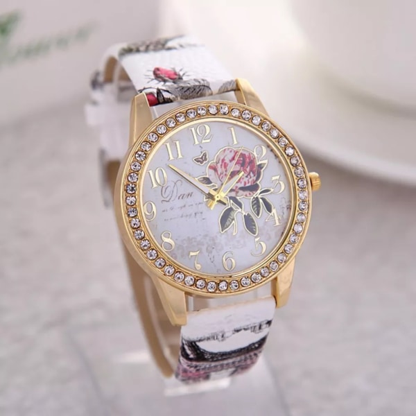 Mode Damklockor Kvinnor Printed Watch Lyx Casual Quartz Läder Watch Mode Kvinnlig Klänning Klockor Relogio White