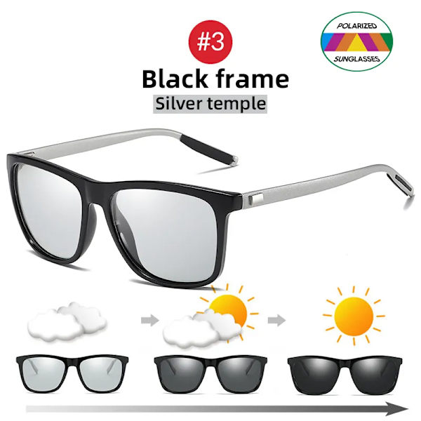 VIVIBEE Color Change Grå Båge Fotokromatisk Polariserade Solglasögon Män Fyrkantiga Klassiska Chameleon Glaases Transition Lens Glasögon 3 Black Silver Photochromic