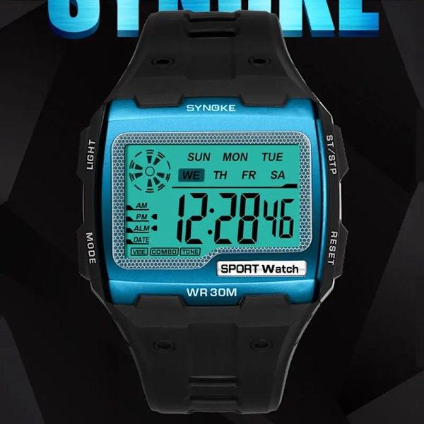 SYNOKE Watch för män Militär fyrkantiga digitala klockor Herr Elektronisk klocka LED-larm Vattentätt armbandsur Ny 9021Blue