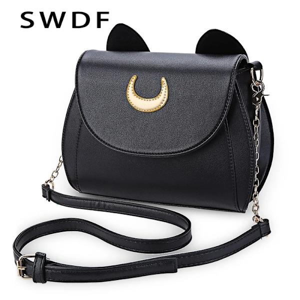 Ny Sailor Moon Damhandväska Svart Luna Cat Shape Kedja Axelväska PU Läder Dam Messenger Crossbody Small Bag Black