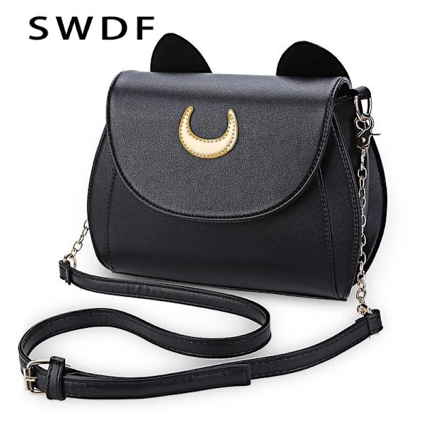 Ny Sailor Moon Damhandväska Svart Luna Cat Shape Kedja Axelväska PU Läder Dam Messenger Crossbody Small Bag White