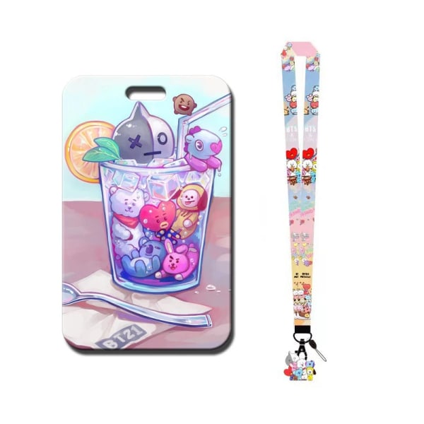 1 set Bt21Card Hållare Kawaii Anime Badge Anti-Lost Lanyard Student måltidskort Skyddsärm Busskort Måltidskort hänge BT-19