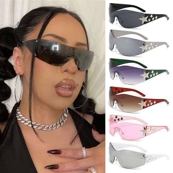 Y2K Solglasögon för kvinnor Män Trendiga båglösa Star Punk One Piece Goggles Oversized Wrap Around Solglasögon 2000-talsglasögon UV400 Solglasögon A-C10