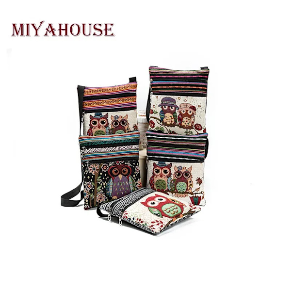 Miyahouse Casual Liten Dubbel Dragkedja Messenger Bag Kvinnor Tecknad Uggla Printed Flap Bag Axelväska Damer 550c