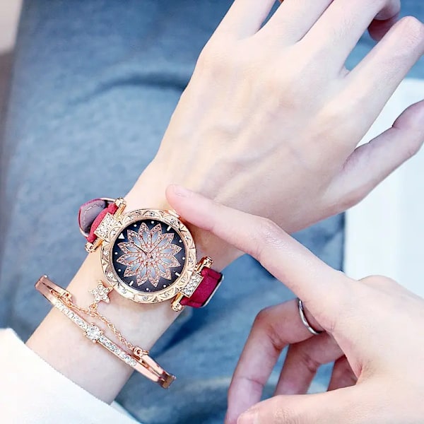 2st Set Kvinnor Mode Klockor Starry Sky Dam Armband Watch Casual Läder Sport Quartz Klockor Red