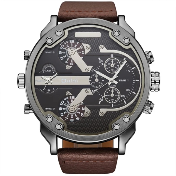 Oulm Herr Casual Unik design Storklocka Watch för män Quartz Klocka Dubbel tidszon Herr Lyxarmbandsur 3548 brown