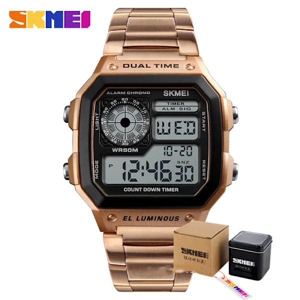 SKMEI Reloj Deportivo Digitala Herrklockor Herr Vattentät Watch Sport Armbandsur i rostfritt stål Relojes Deportivos Zegarek rosegold wth box