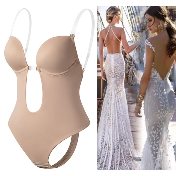 Rygglös Djup V-ringad U-doppning String Waist Trainer Klart band Vadderat Push Up Shapewear Invisible Shaper BH Sexig Bodysuit Korsett Black L