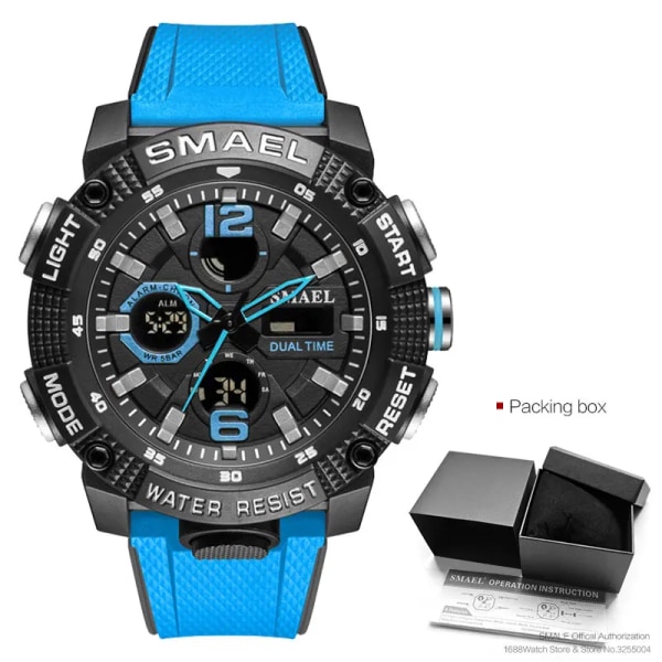 SMAEL Dual Time LED Display Digital watch för män Vattentät Simning Quartz Sportklockor Auto Date Alarm Clock Armbandsur 8039 Blue-Box