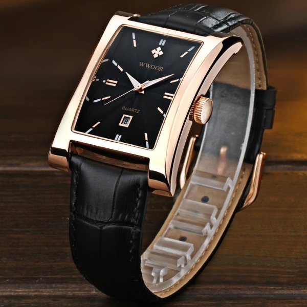 Elegant watch For Herr Guld Svart Läder Vattentät Date Armbandsur watch masculino silver black