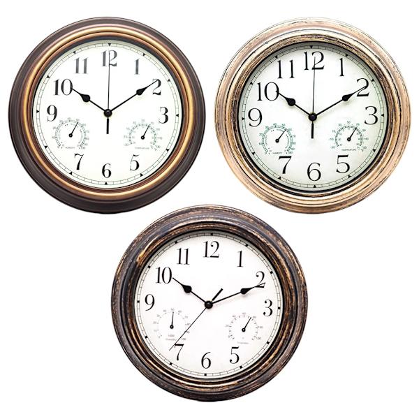 Tyst Väggklocka Batteridriven, 12 Tum Svepande Urverk Med Termometer Och Hygrometerdisplay Antique Brass