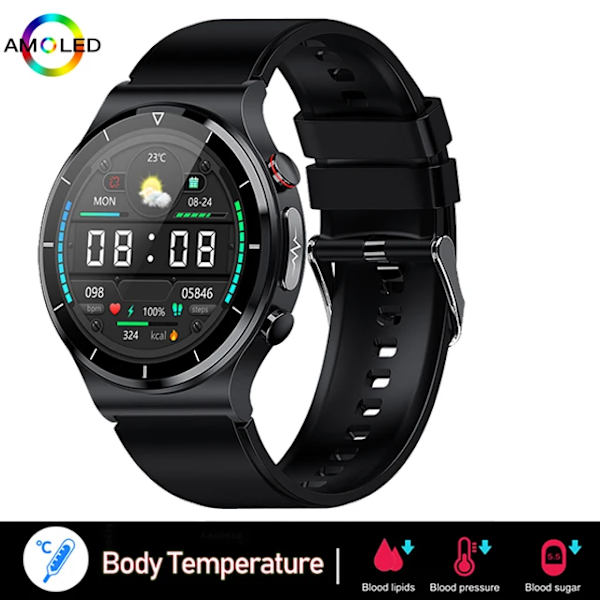 Smärtfri Icke-invasiv Blodsocker Watch Män EKG PPG Laserbehandling Hälsa Blodtryck Sport Smartklocka GlucometerWatch black