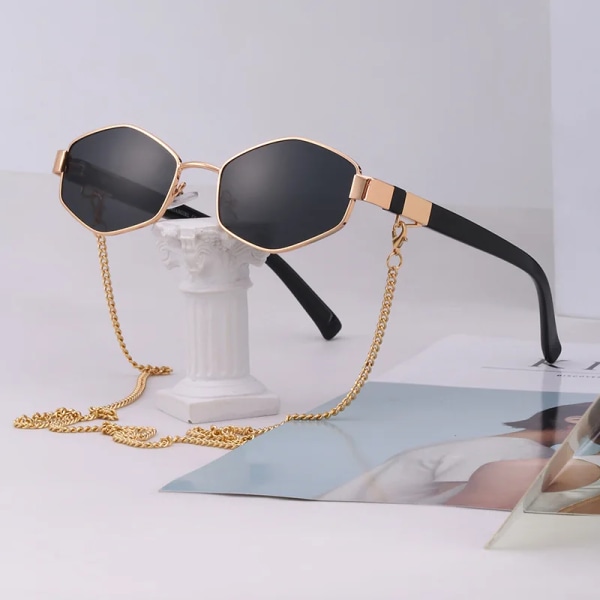 Vintage solglasögon kvinnor med kedja Liten ram solglasögon för damer Trendiga lyxiga märkesdesigner glasögon UV400 C2 Other