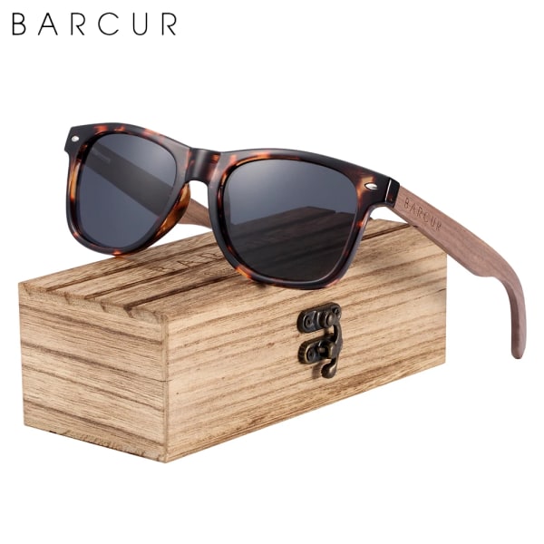 BARCUR Black Walnut Solglasögon Trä Polariserade Solglasögon Herr Glasögon Herr UV400 Skyddsglasögon Original Träkartong Leopard Gray Wood BARCUR Polarized