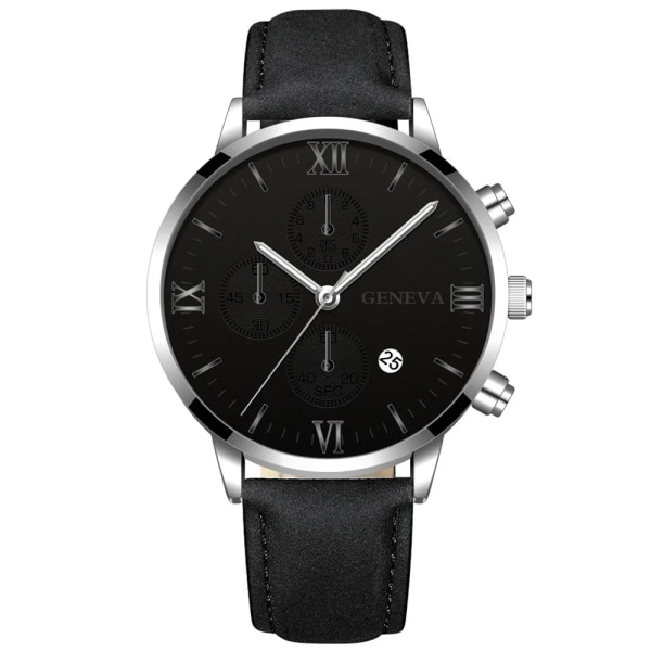 Mode Genève Män Datum Legering Case Syntetiskt Läder Analog Kvarts Watch Man Klocka Toppmärke Lyx Relogio Masculino 19 Black-Silver-Blac