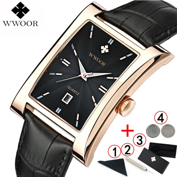 Elegant watch For Herr Guld Svart Läder Vattentät Date Armbandsur watch masculino gold black box