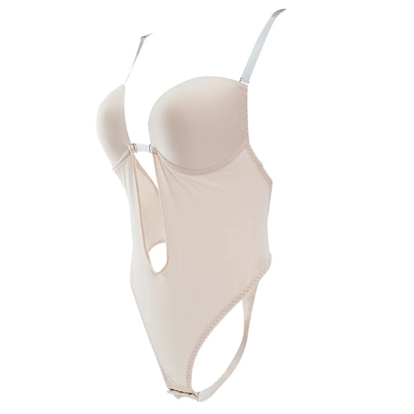 Sexig Full Bodyshaper BH Kvinnor Deep V BH Thong Shapewear Push Up Waist trainer Bröllopsfest Klar Bantning Bodysuit SKIN M
