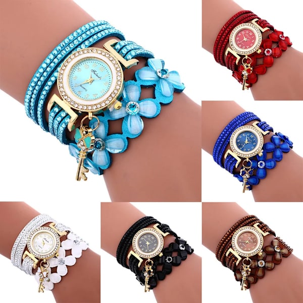 Märke Mode Dam Blomma Kristallklocka Watch Casual Lyx Läder Strassarmbandsklocka Watch Feminino Brown