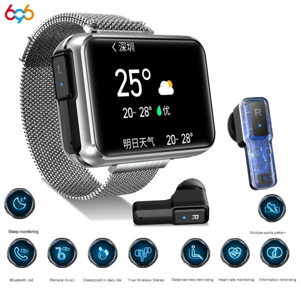 TWS Wireless BT Headset Smart Watch Dam Herr 1,4 tum Blue Tooth Call Fitness Musik Sport Smartwatches 2 i 1 för Android iOS JM08 BKBKL