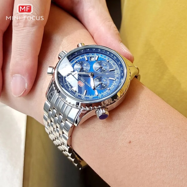 MINI FOCUS Silver Blue Quartz Watch för män Vattentät 24-timmars Chronograph Armbandsur med Auto Date Rostfritt stålarmband 0463 Silver Blue