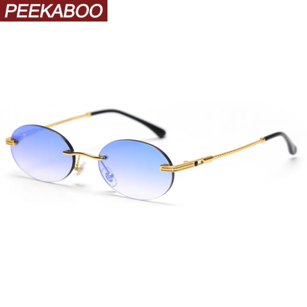 Peekaboo retro ovala solglasögon kantlös man blå spegel guld metall manliga glasögon runda ramlösa kvinnor presentartiklar av hög kvalitet gold lens as show in photo