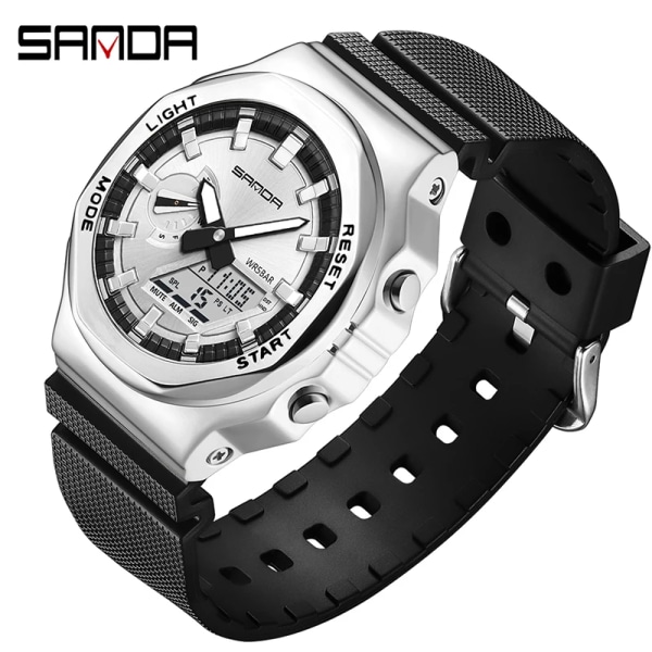 SANDA Fashion Nya sportklockor för män Militär Quartz Man Waterproof G-Style Watch For Herr Klocka reloj de hombre Black silver