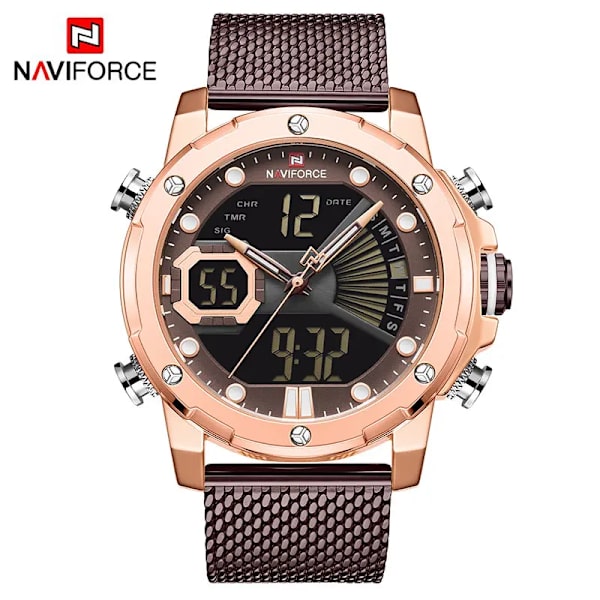 NAVIFORCE Originalklockor för män Lyxmärke Quartz Dual Display Militär watch Mesh stålband Vattentät klocka RGCECE