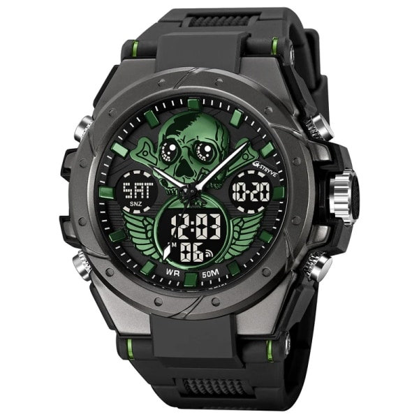 Ny STRYVE watch Creative Skull Design Digital-Analog Dual Display Watch Kalendervecka Stoppur Watch S8008 Black Green