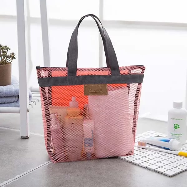 Kvinnor Beach Gym Bad Kosmetikväska Set Makeup Mesh Toalettpåsar Herr Organizer Bärbart case orange pink