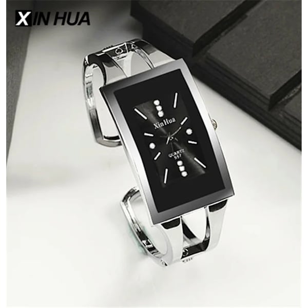 Watch Xinhua Quartz Armbandsur Kristall Mode Silver Casual Rostfritt Stål Relojes Mujer Armband Klocka Black