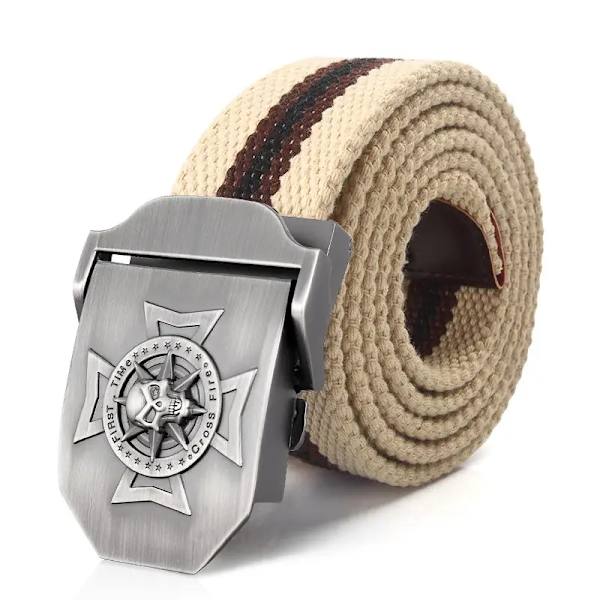 BOKADIAO Herr & Kvinnor Militär Canvas bälte lyxigt midjeband Skalle Cross Metal spänne jeans bälte Army taktiska bälten för manlig rem Khaki stripe 100cm