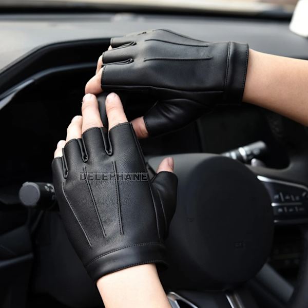 Sommar tunna PU-läderhandskar för män Kvinnor Halkfria Fingerless Mode Handhandskar Svarta Motorcykelhandskar Arbetskörning Airsoft Black M
