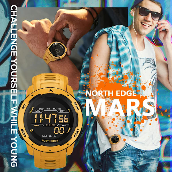 NORTH EDGE Herr Smart Watch Dam Sportklocka Dual Time Running Stegräknare Nedräkning Vattentät 50m Digital Väckarklocka Militärklocka Red