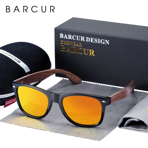 BARCUR Black Walnut Solglasögon Trä Polariserade Solglasögon Herr Glasögon Herr UV400 Skyddsglasögon Original Träkartong Orange zipper BARCUR Polarized